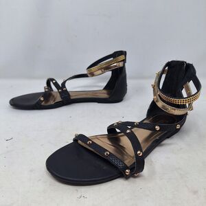 Jennifer Lopez Black Gold Studded Ankle Cuff Gladiator Sandals Moto Edgy Sz 8.5